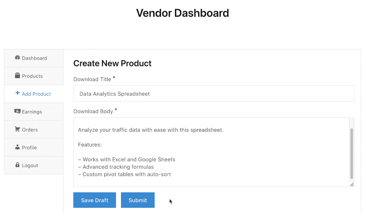 Screenshot: EDD's FES Digital Marketplace Vendor Dashboard - Vendor submission process