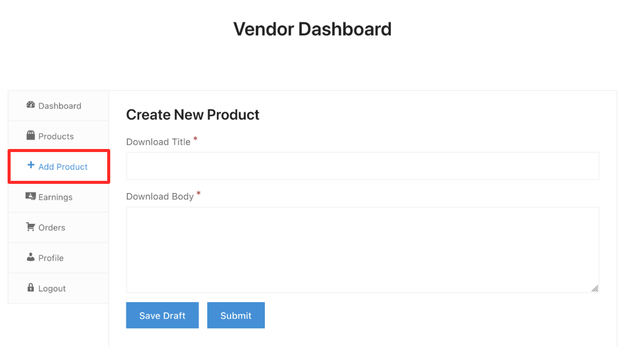 Screenshot: EDD's FES Digital Marketplace Vendor Dashboard - Add Product