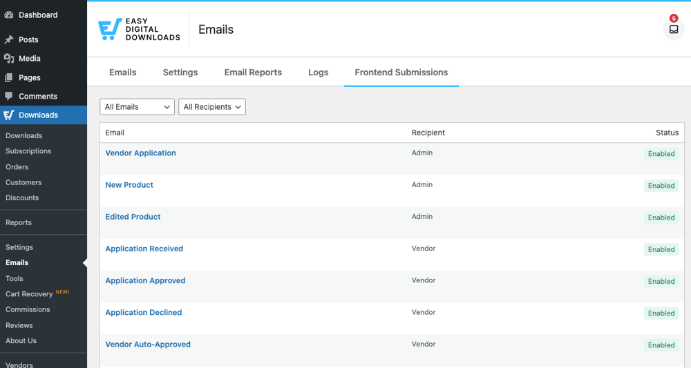 Frontend Submissions vendor email settings in Easy Digital Downloads. 