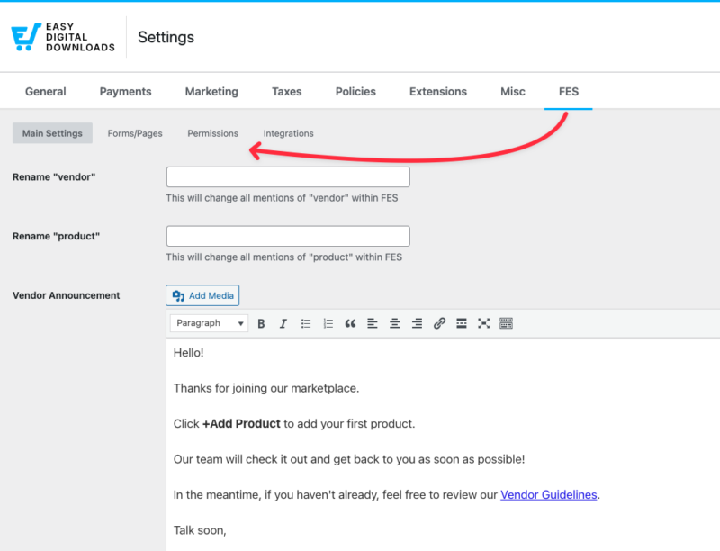 EDD FES vendor approval workflow settings for digital product marketplace in WordPress. 