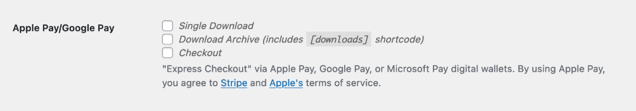 Screenshot: Stripe settings for Apple Pay and Google Pay in EDD detail