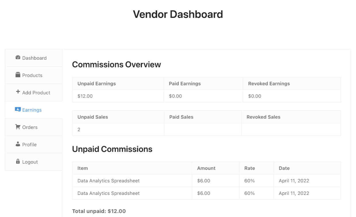 Screenshot: EDD's Vendor Dashboard Earnings