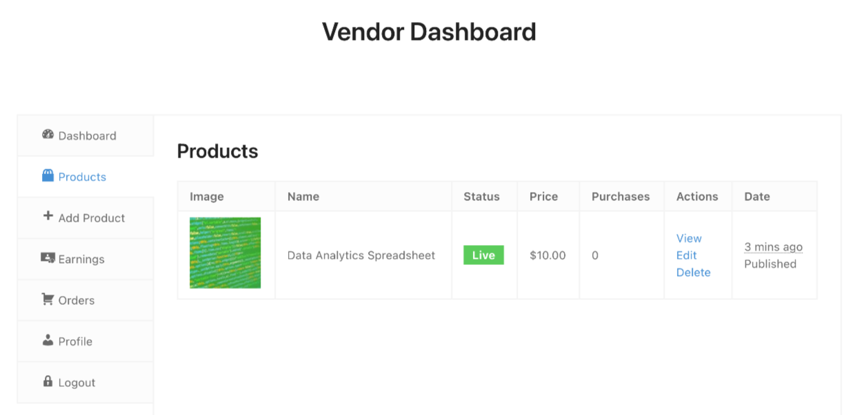 Screenshot: EDD's Vendor Dashboard Product Lists