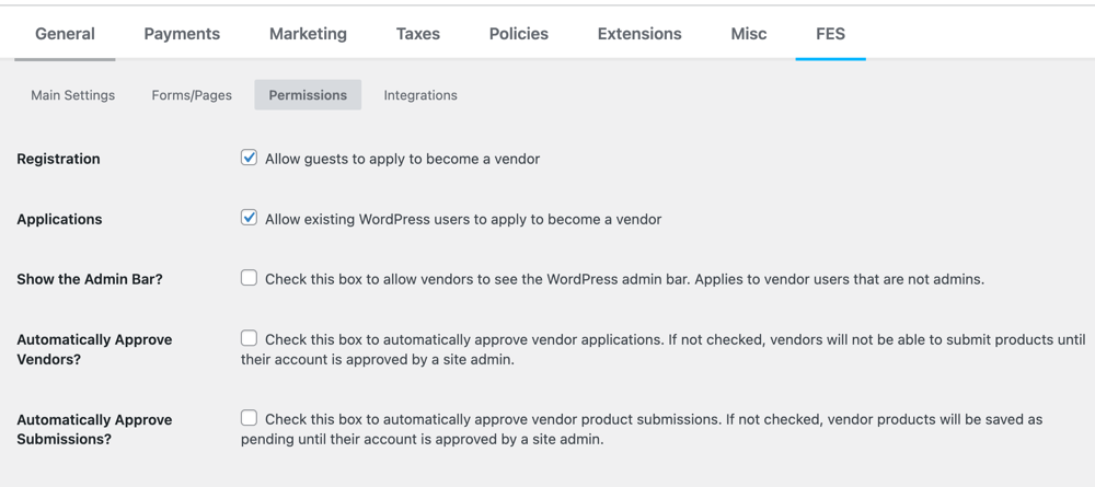 EDD Frontend Submissions Permissions settings in WordPress. 