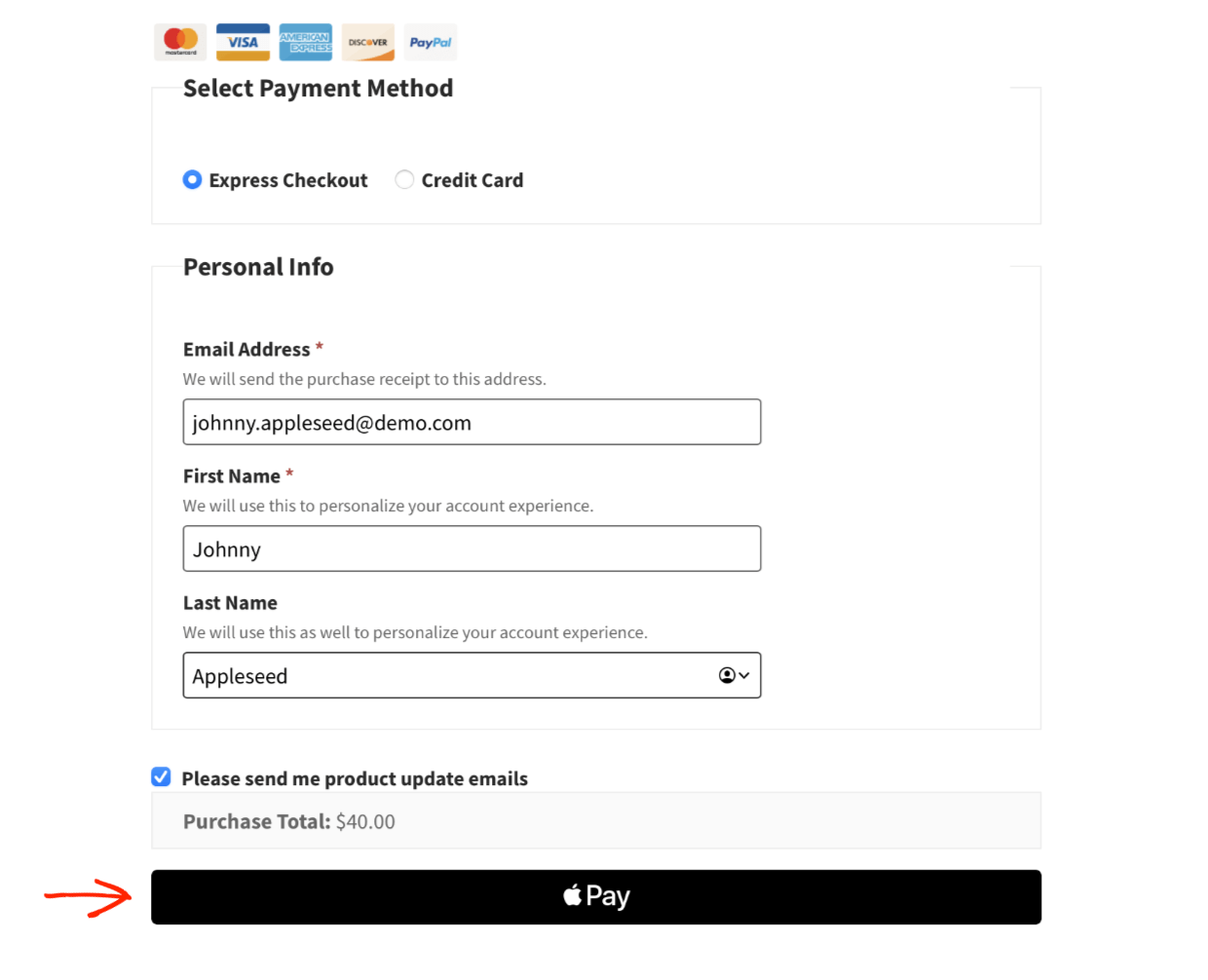 Screenshot: Apple Pay button on frontend checkout page