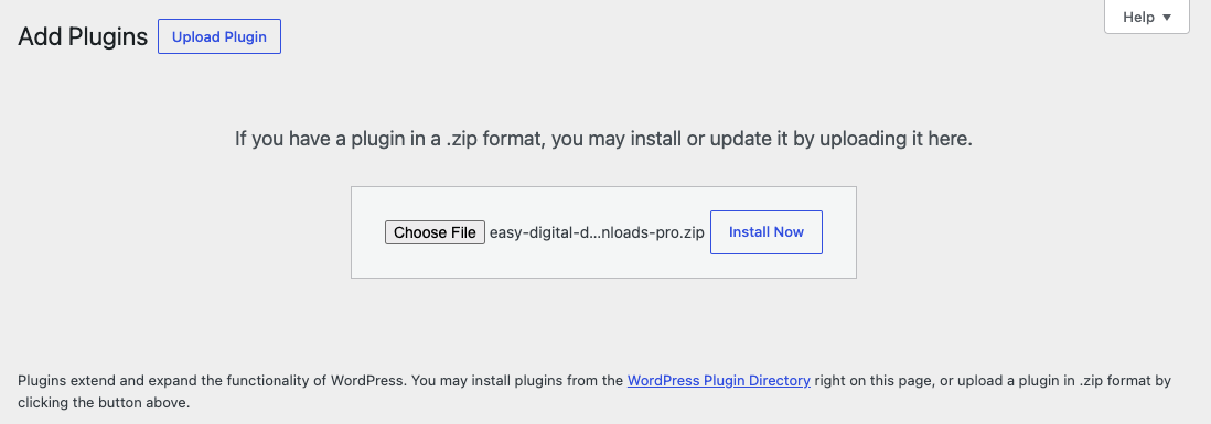 Instalando el archivo zip del plugin Easy Digital Downloads Pro en un sitio de WordPress.