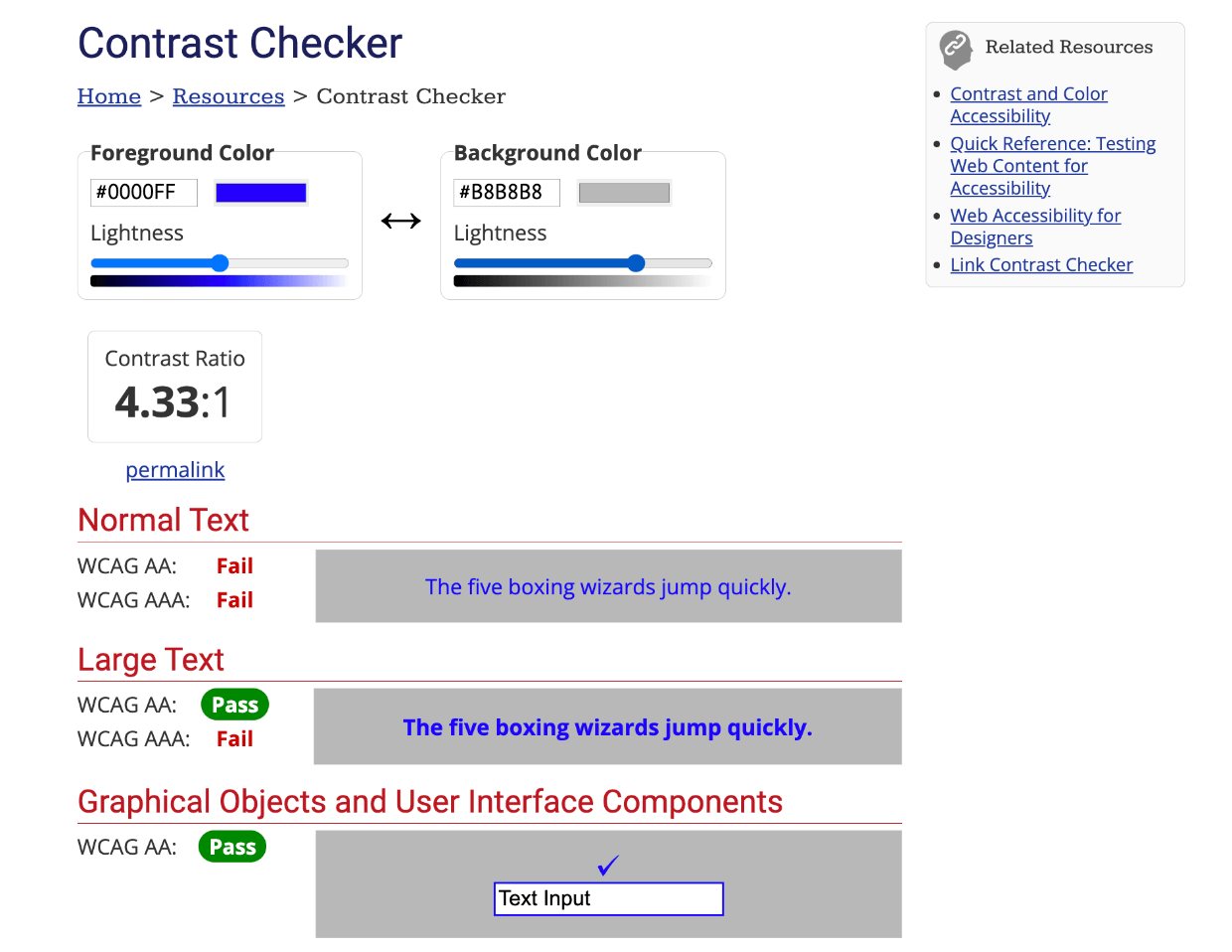 Screenshot: WEB AIM Color Contrast Checker