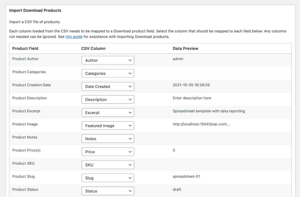 Screenshot: EDD Import/Export Tools Map Columns