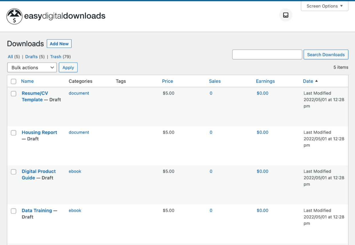 Screenshot: EDD Imported Downloads Listed