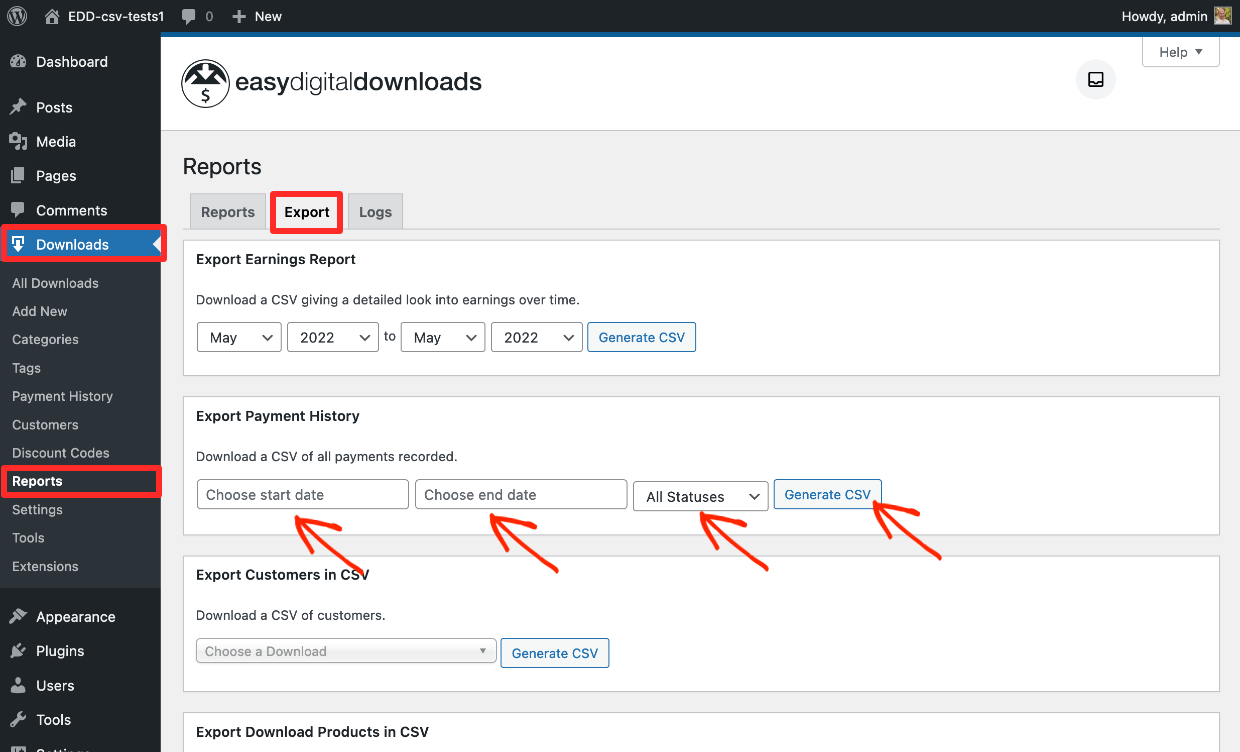 Screenshot: EDD Reports Export Payments in CSV