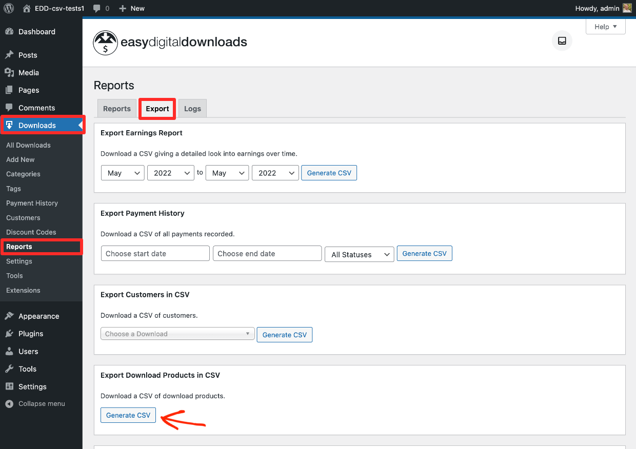 Screenshot: EDD Reports Export Download Products in CSV