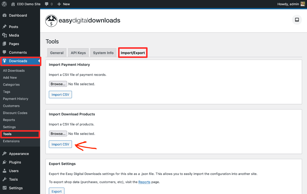 Screenshot: EDD Import/Export Tools with Import CSV Button