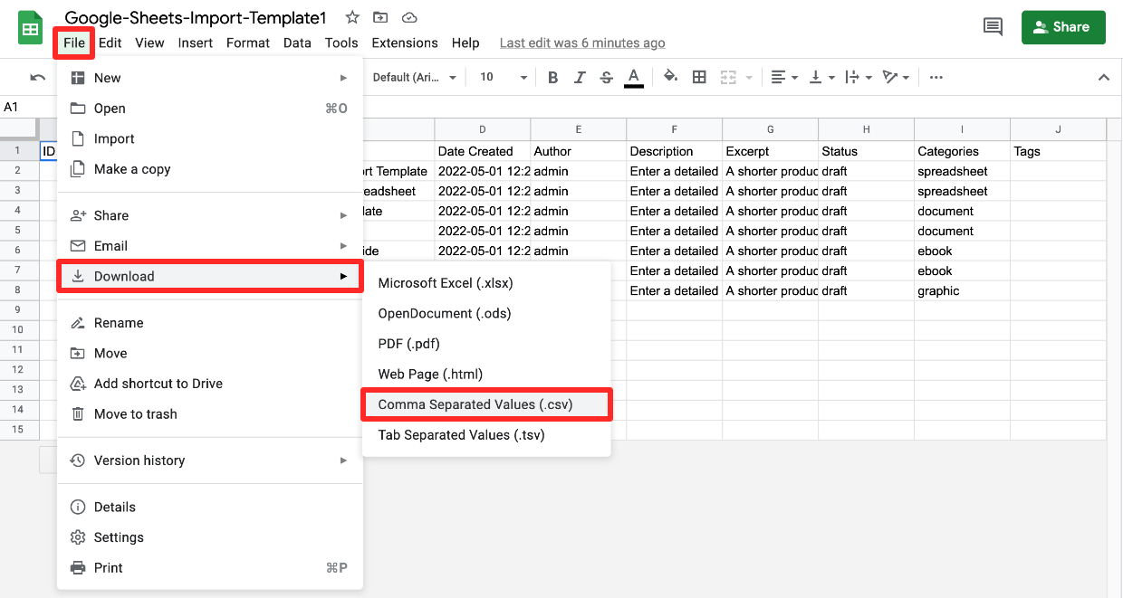 Screenshot: Google Sheets Import Template Export to CSV