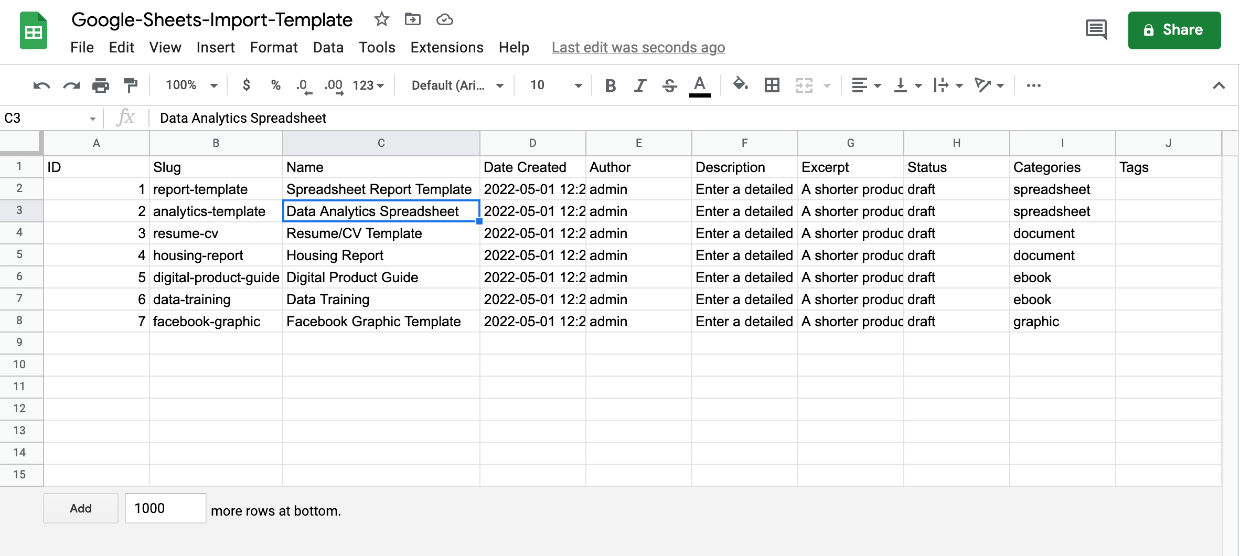 Screenshot: Google Sheets Import Template