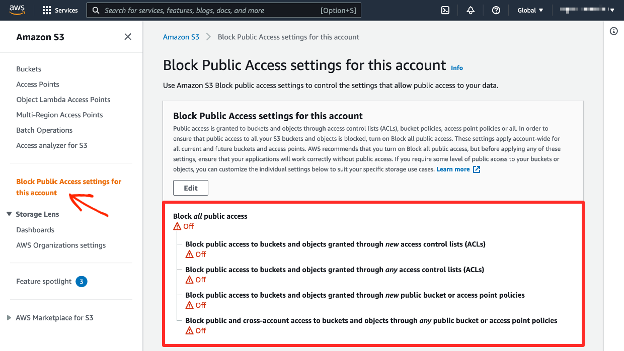 Screenshot: Amazon S3 Block Private Access