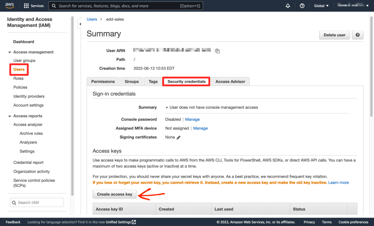 Screenshot: Amazon S3 IMA settings access keys