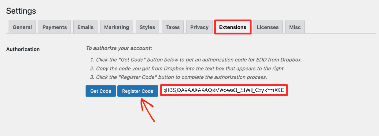 Screenshot: Register code to sell digital products with Dropbox and WordPress