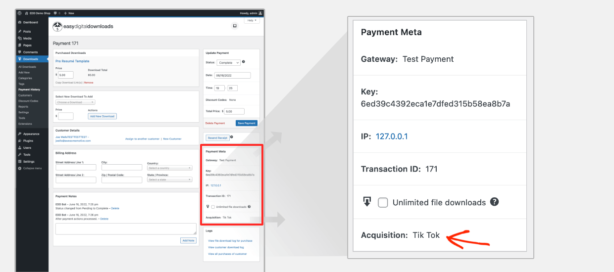 Screenshot: Order details: Payment Meta