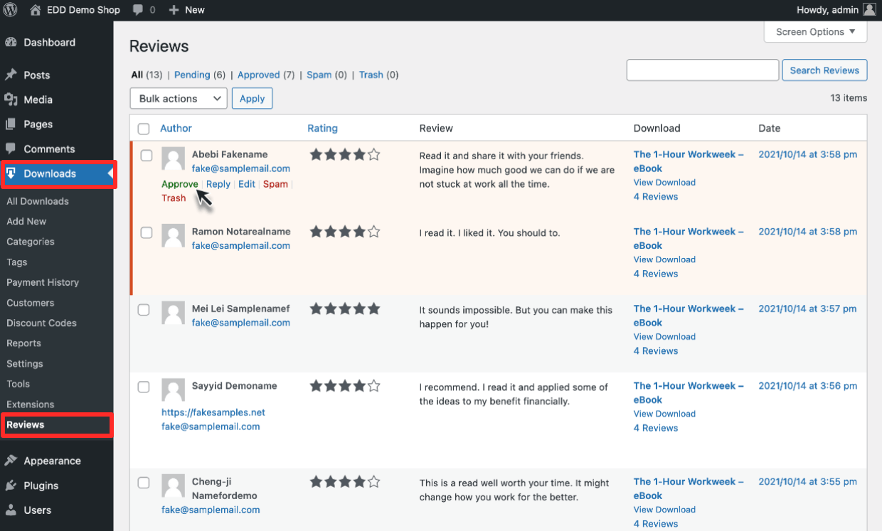 Screenshot: Reviews on backend