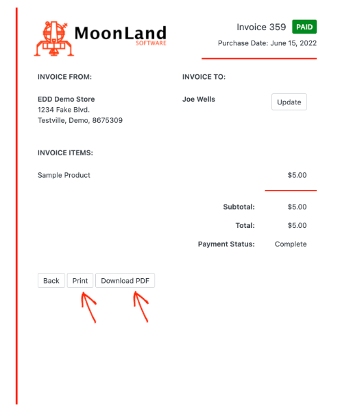 Screenshot: EDD Sample Invoice with Buttons