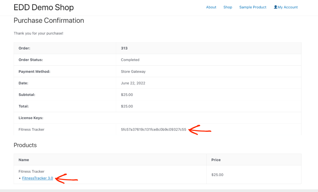 Screenshot: Purchase confirmation page