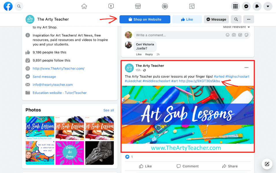 Screenshot: The Arty Teacher using Facebook to increase digital store sales on social media