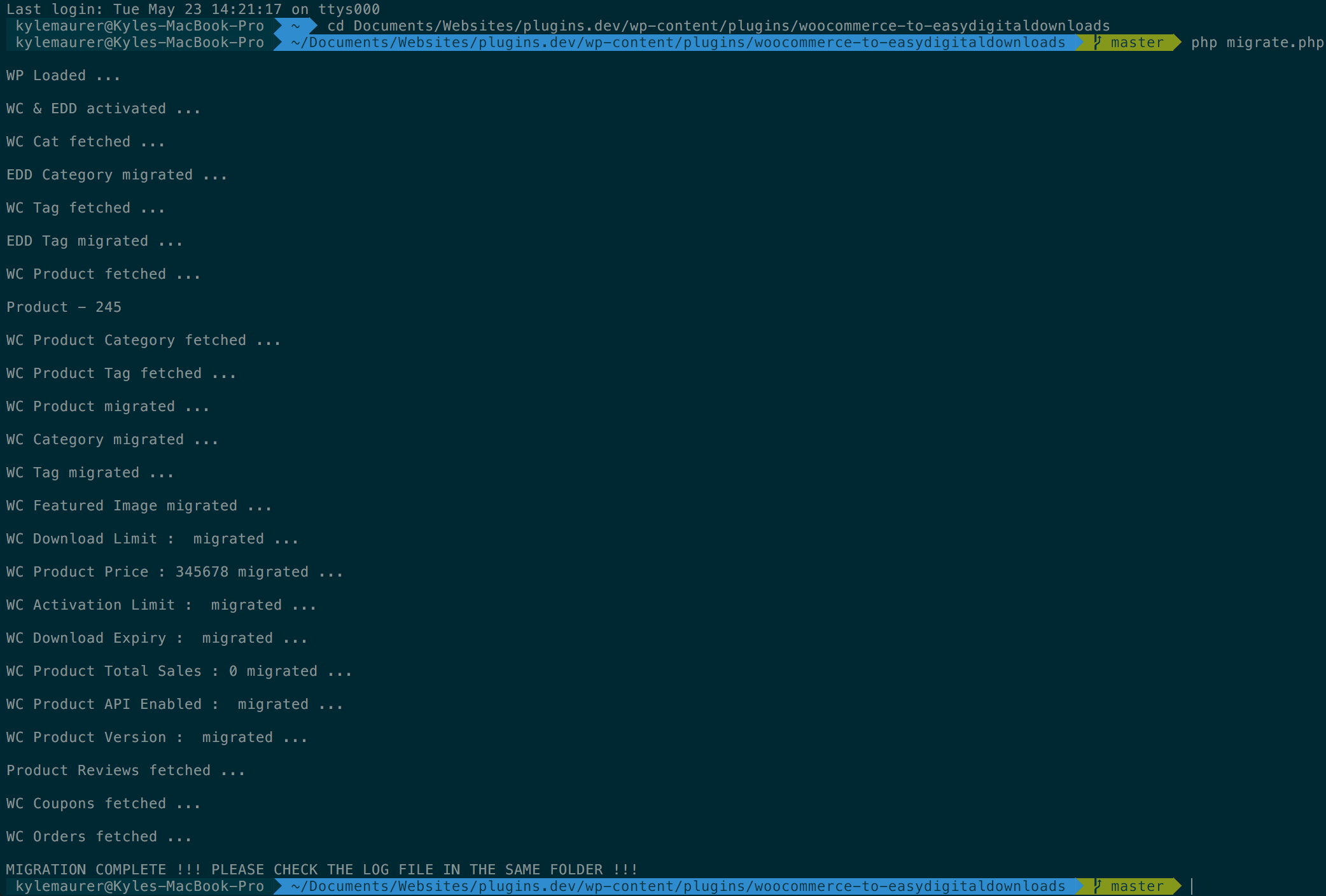 Terminal view showing commands for running PHP script