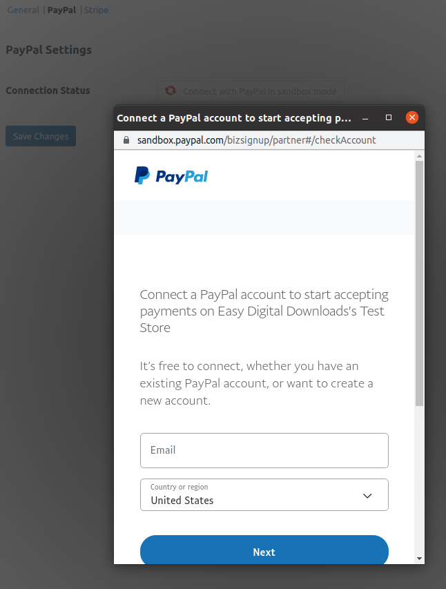 PayPal connect modal with log in form.