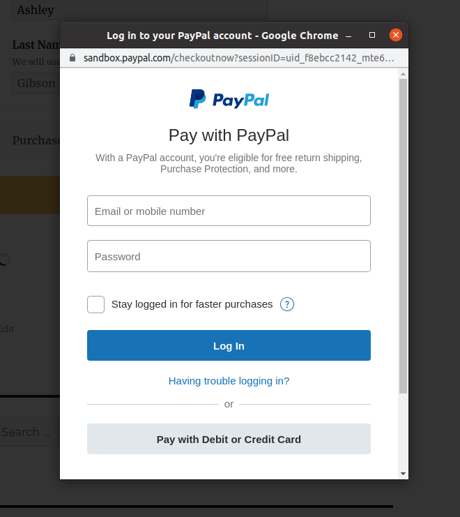 'Pay with PayPal' modal with log in form.