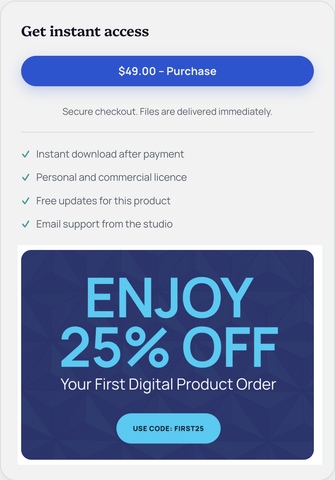 Fereastră modală promovând reducerea la primul produs digital comandat pe un site WordPress.