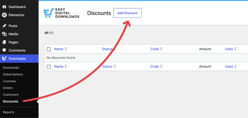 Butonul Easy Digital Downloads Adăugare Reducere pentru a crea o reducere pentru un produs digital în WordPress.