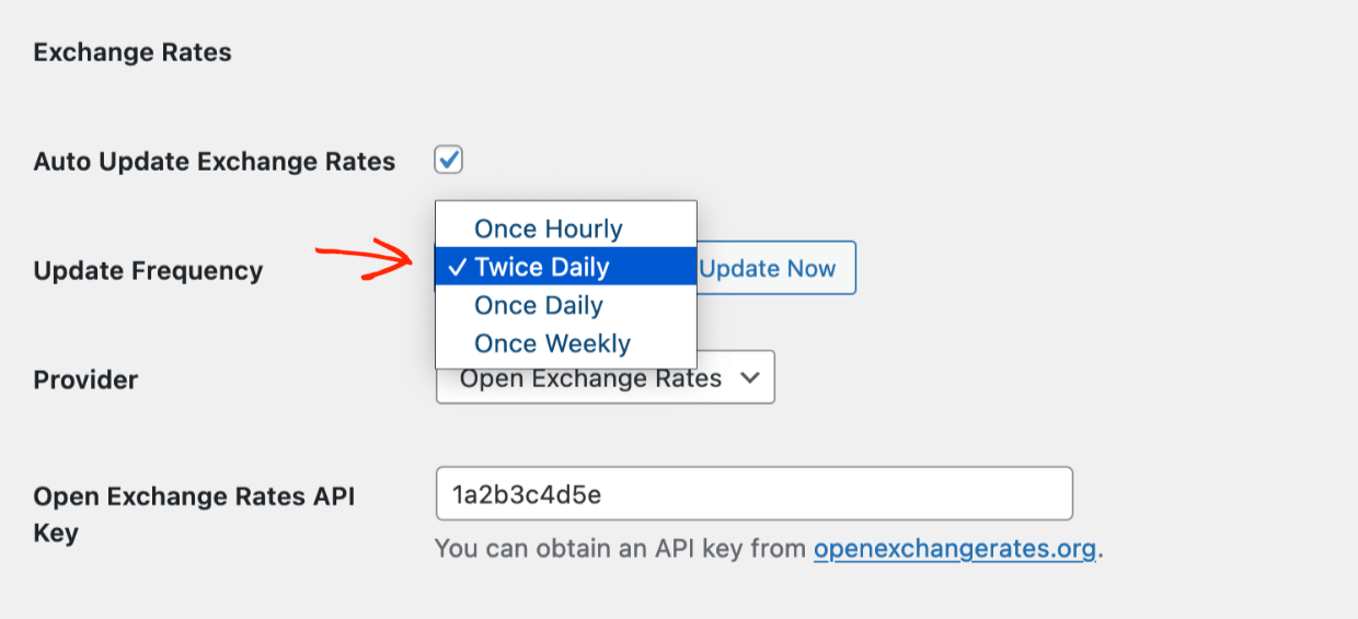 Screenshot: EDD Multi Currency Auto Update Frequency