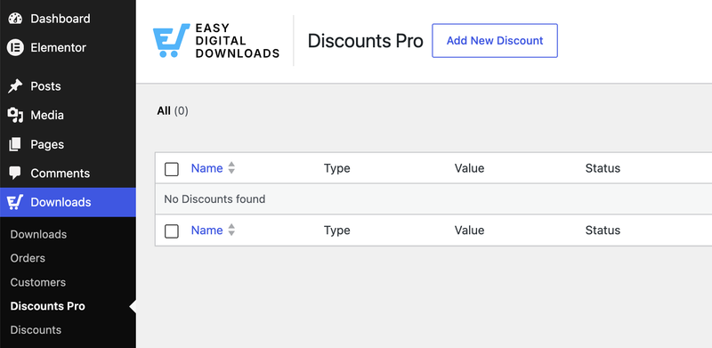 Tabloul de bord WordPress care afișează butonul Easy Digital Downloads' Discount Pro pentru a adăuga o nouă reducere.