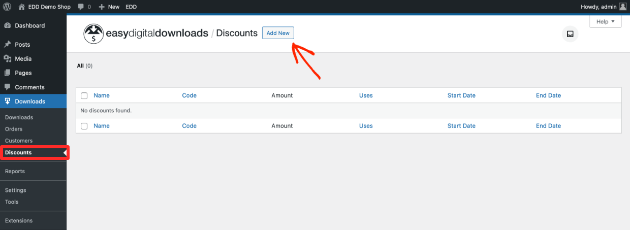 Screenshot: EDD Discount Codes - Add new