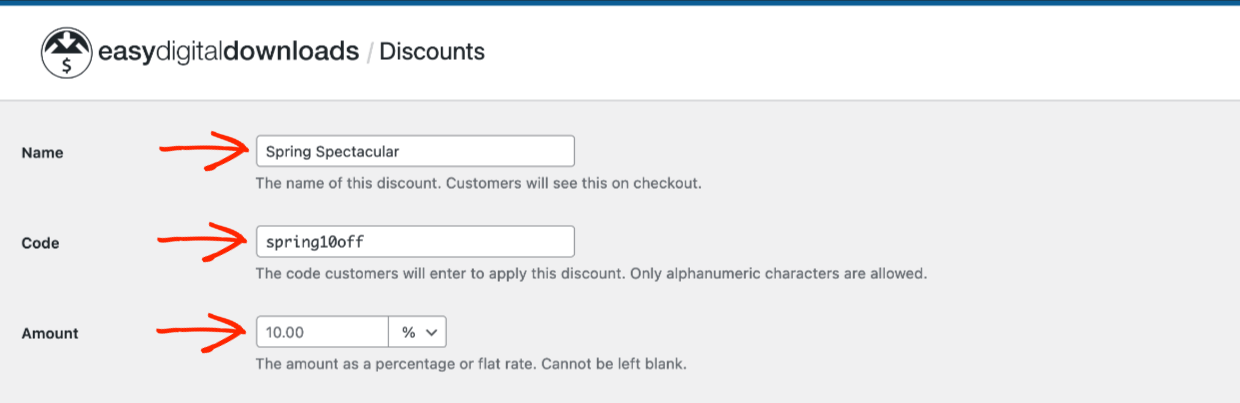 Screenshot: EDD Discount Codes - Name, code, amount