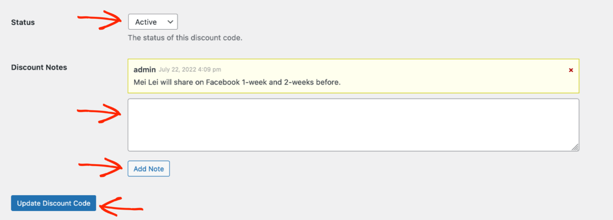 Screenshot: EDD Discount Codes - status, notes