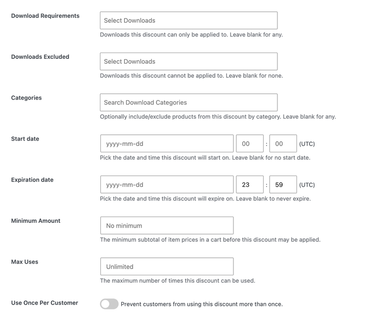 Formularul de reducere Easy Digital Downloads care afișează câmpurile opționale de restricție.