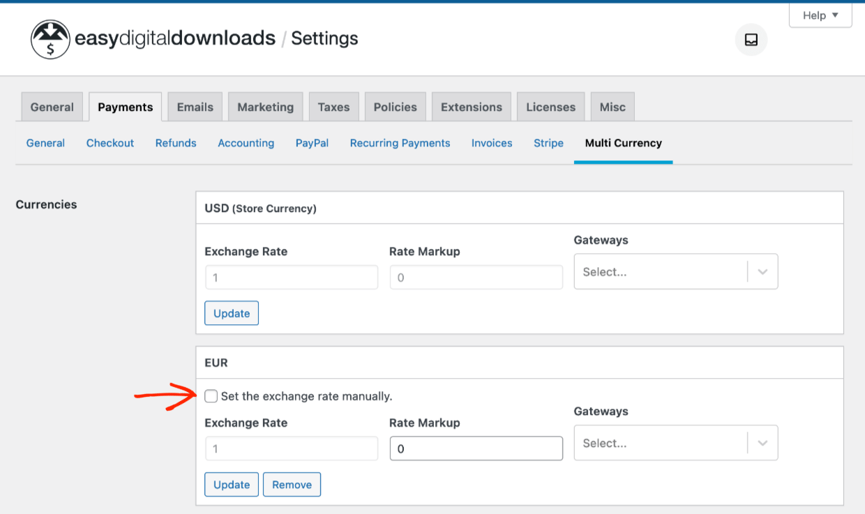 Screenshot: EDD Multi Currency Settings