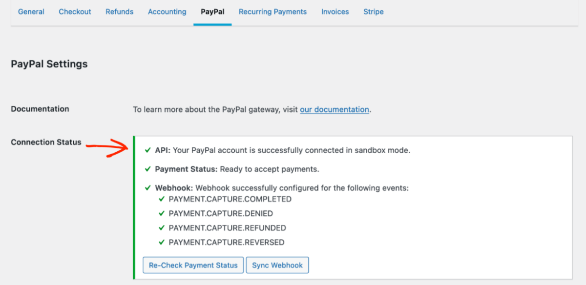 Screenshot: Configuring PayPal Connection 5 - Success!