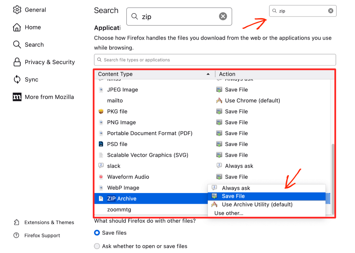 Firefox Zip Archive Settings