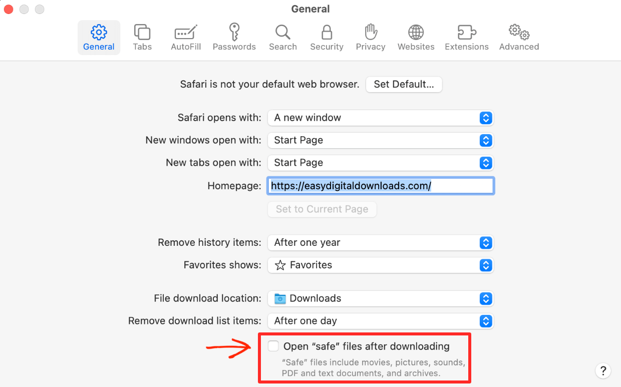 Screenshot: Safari Safe Files Downloading Settings
