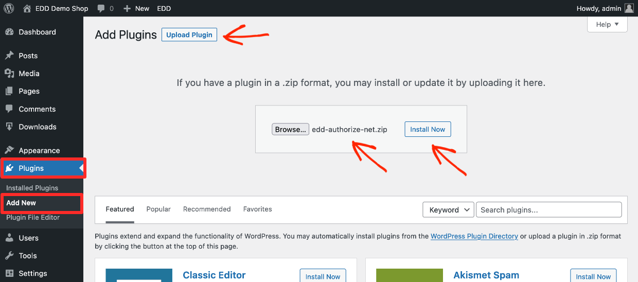 Screenshot: Install Authorize.net Plugin