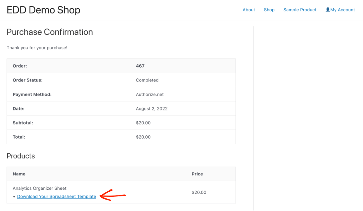 Screenshot: Purchase confirmation page