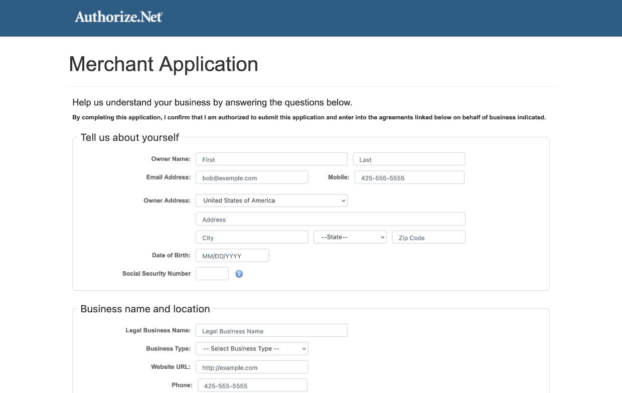 Screenshot: Authorize.net application form