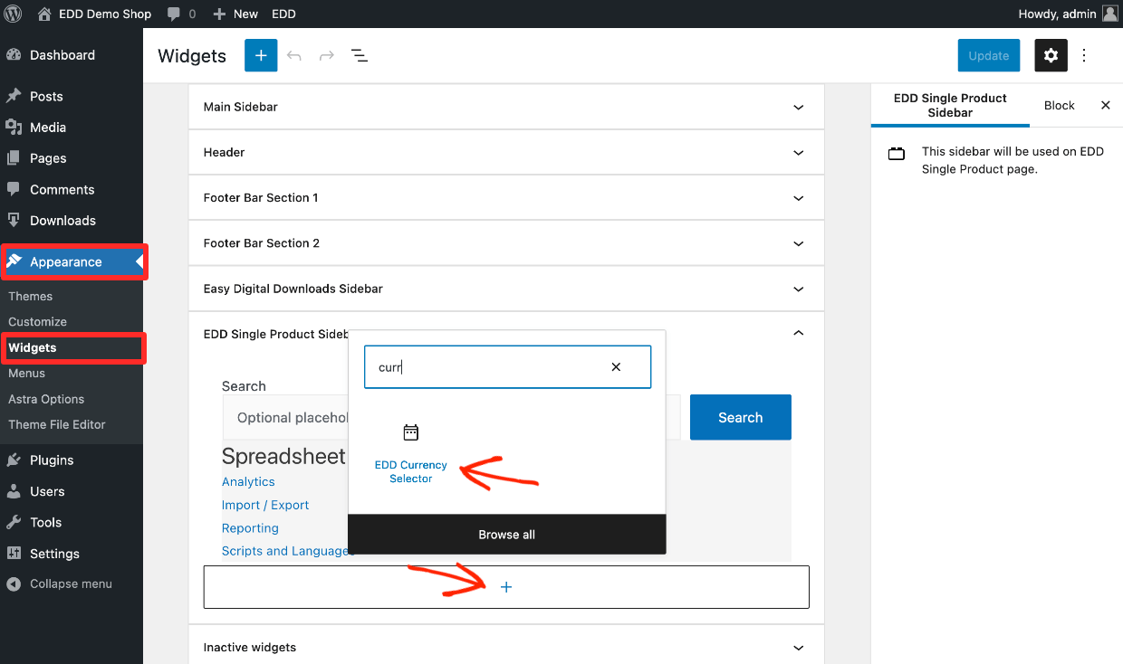 Screenshot: EDD Currency Switcher / Selector Widget Settings