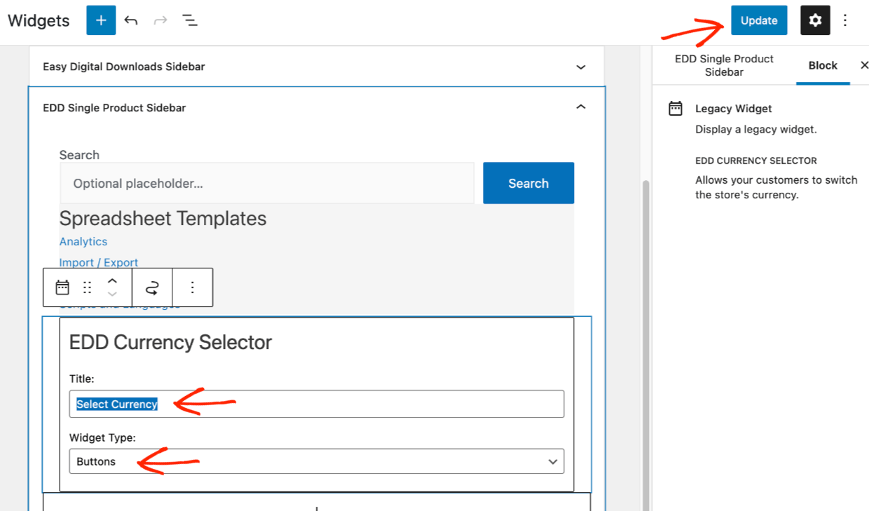 Screenshot: EDD Currency Switcher / Selector Widget Settings