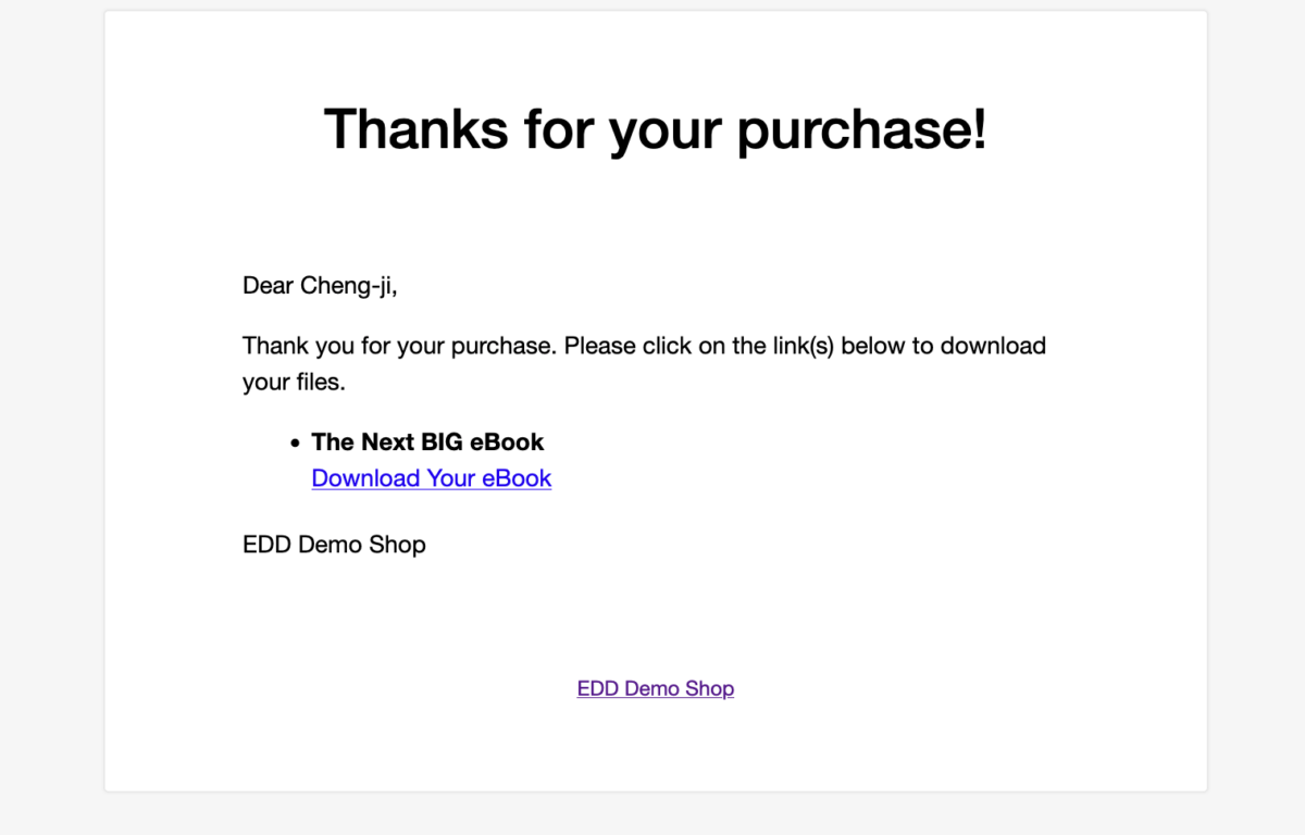 An EDD Purchase Receipt email.