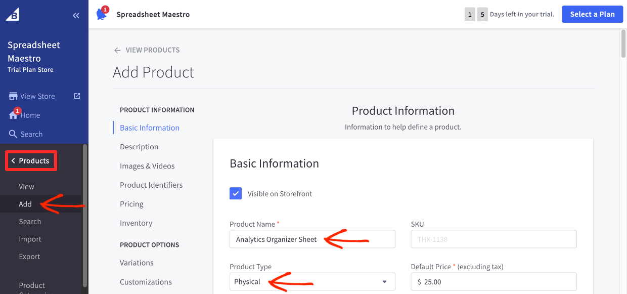 Screenshot: BigCommerce Product Information