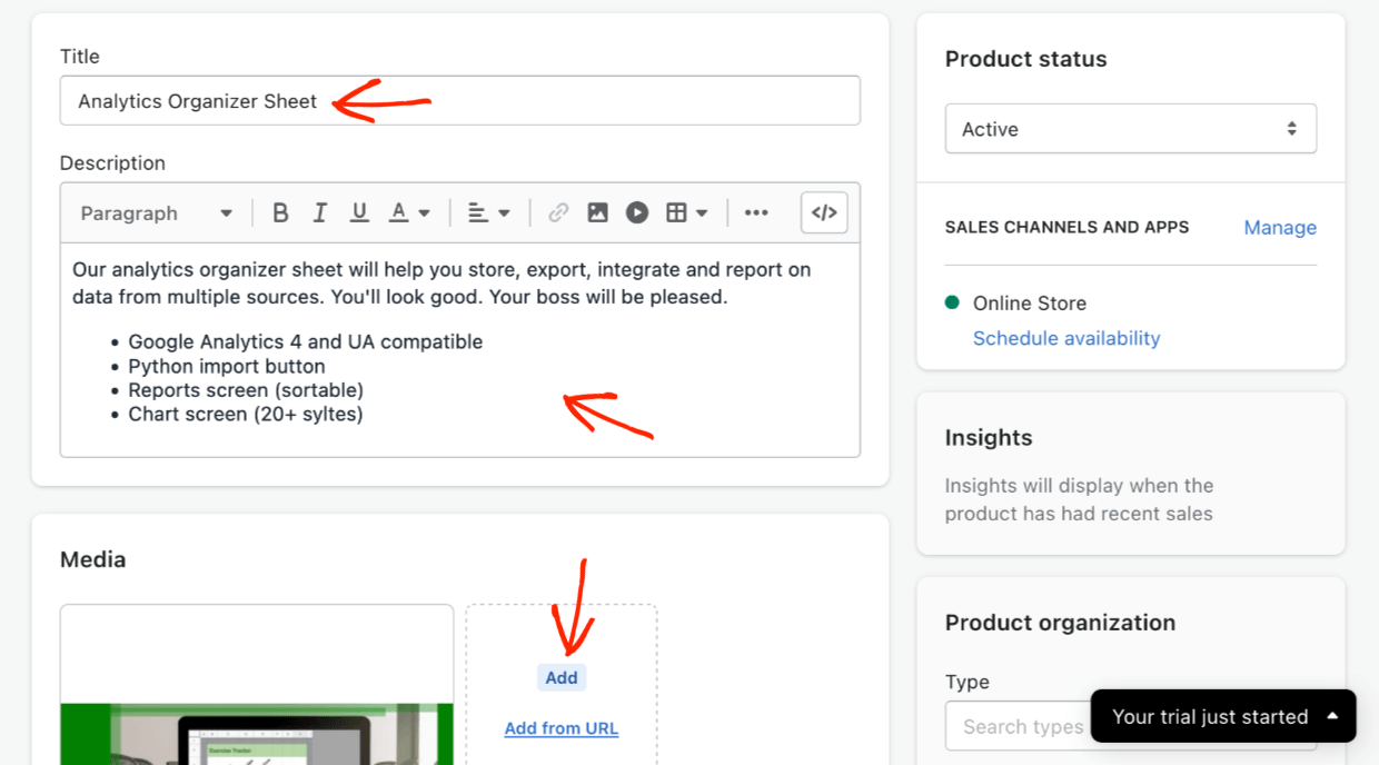 Screenshot: Shopify Add Product Details