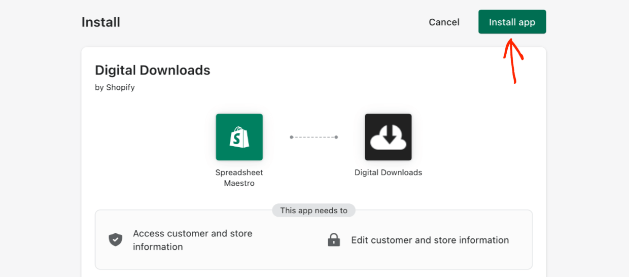Screenshot: Shopify Install Digital Downloads App